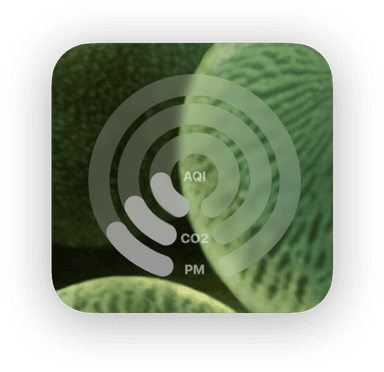 Halo Air iOS widget showing real-time environmental data including CO2, PM2.5, and air quality status on iPhone home screen