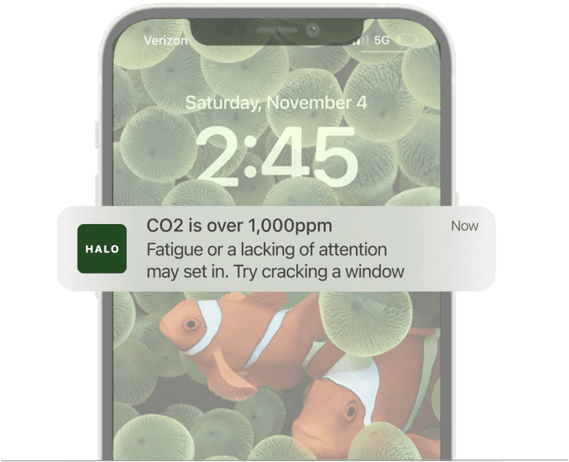 iPhone lock screen showing Halo Air notification alert for high CO2 levels and air quality warnings with environmental sensor data
