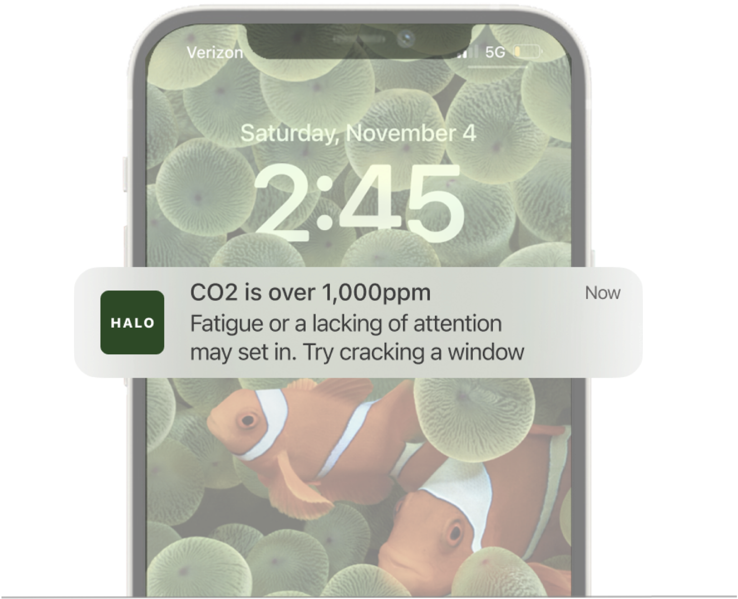 Original Halo Air notification design showing a CO₂ alert