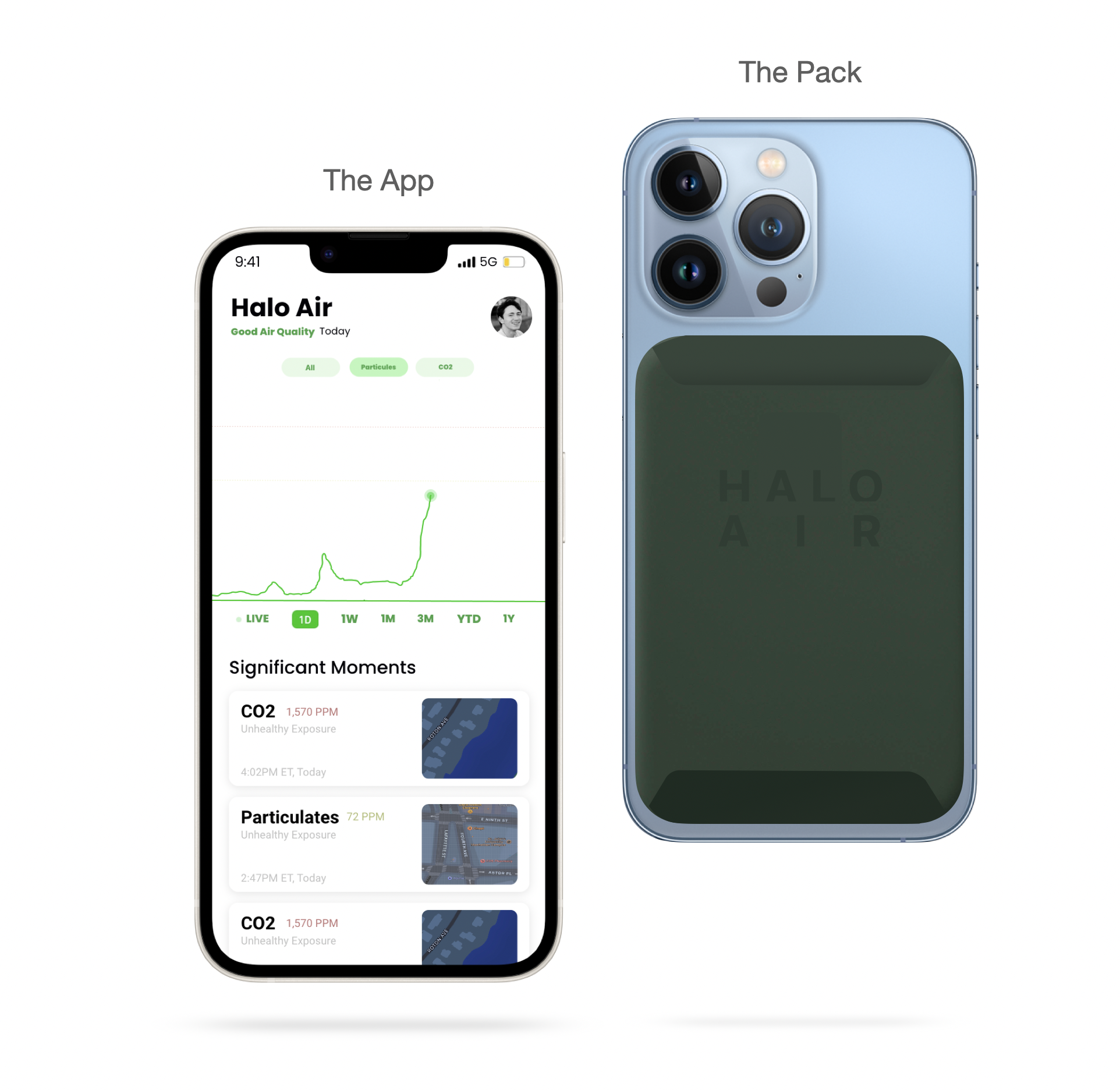 The original Halo Air app and magnetic sensor, shown together on two phones