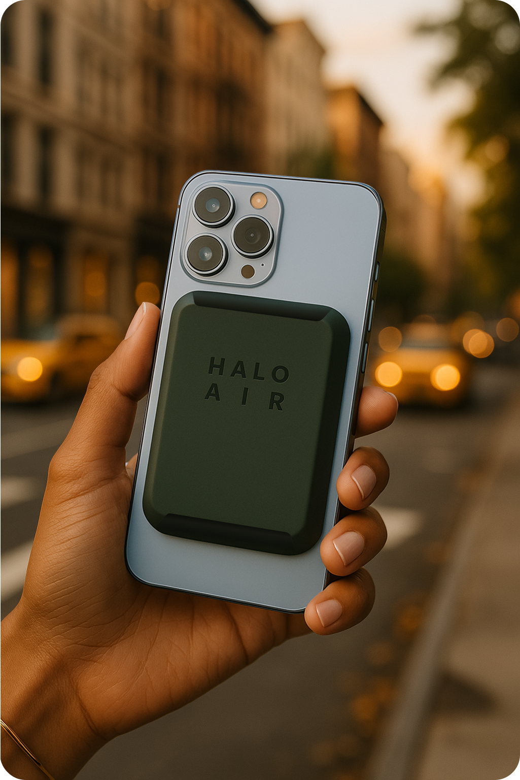 Halo Air attached to a phone, held in a hand on a city street